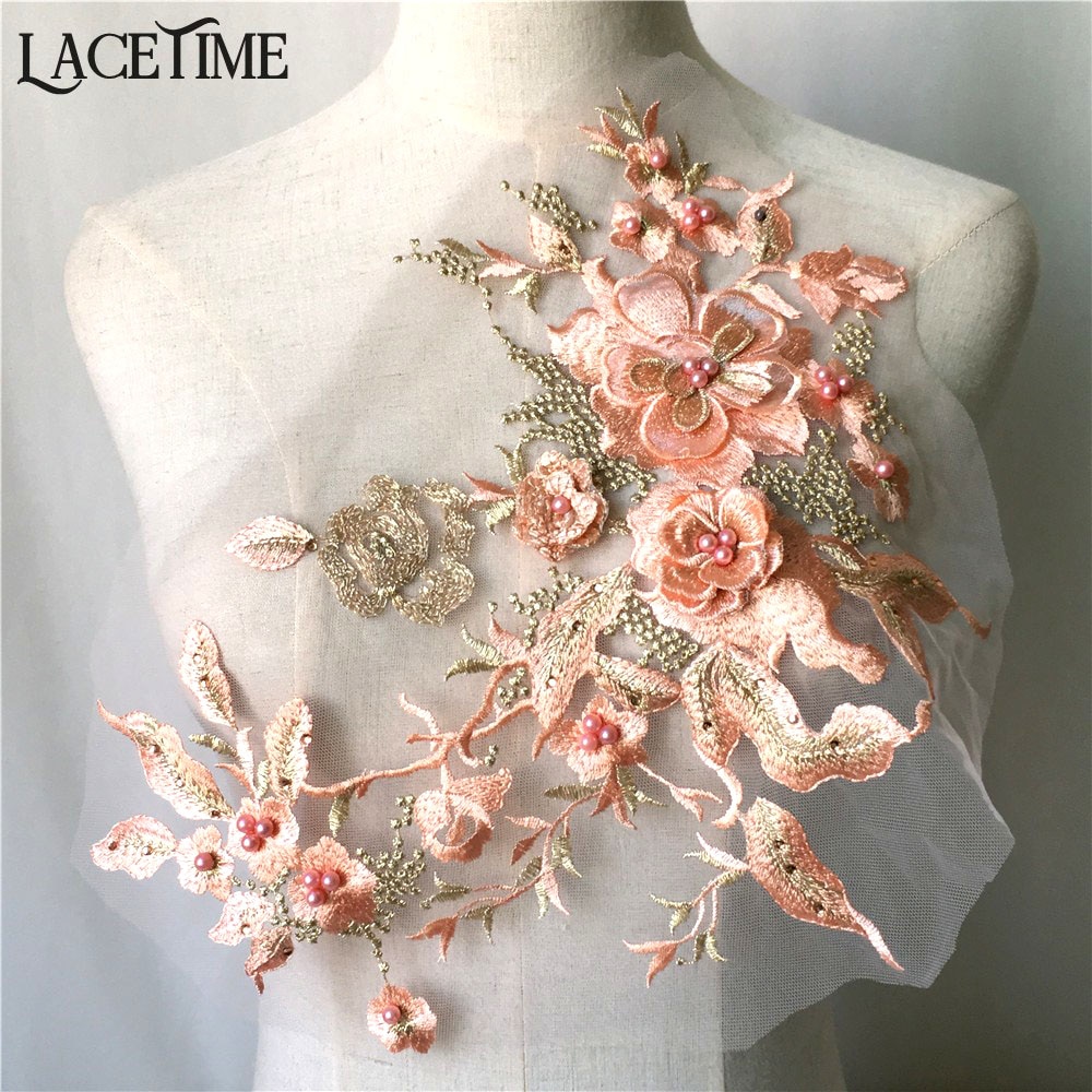 1 ピース絶妙なファッション 3D 花メッシュレースアップリケ刺繍パールビーズの縫製トリム DIY ドレス用品クラフト | 社交ダンスアウトレット