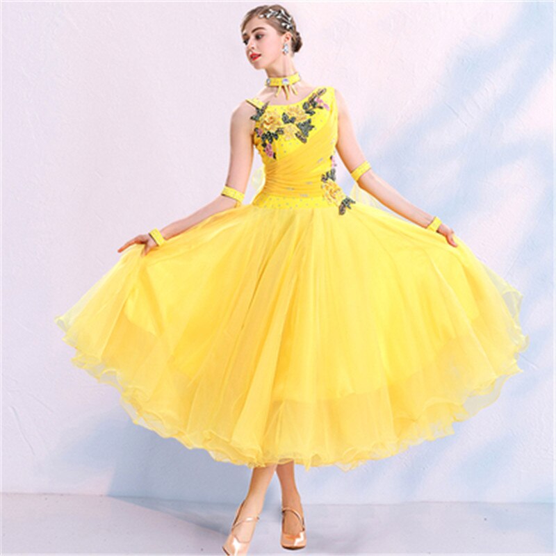 社交ダンス　競技用ドレス　黄色　フリル　Lサイズ　ラメ　花柄　透け感　カラー