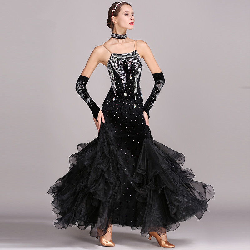 5色社交ダンスドレスの女性新しいセクシーな背中の開いた標準ワルツダンス衣装大人ブラック社交ラテンダンスコンクールドレス