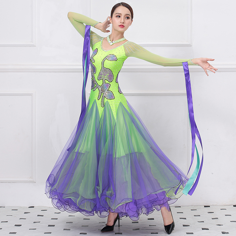社交ダンス競技ドレス スタンダード衣装 ワルツドレス 蛍光グリーン 黄緑 パープル 紫色 ラインストーン | 社交ダンスアウトレット