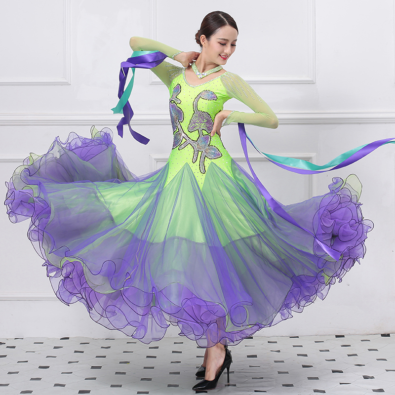 社交ダンス競技ドレス スタンダード衣装 ワルツドレス 蛍光グリーン 黄緑 パープル 紫色 ラインストーン | 社交ダンスアウトレット