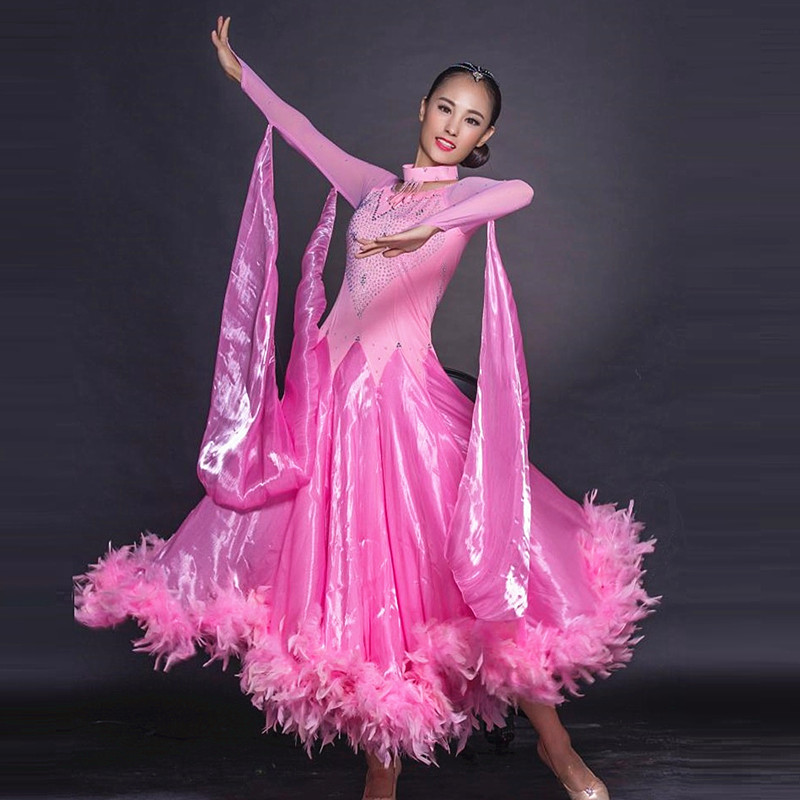 社交ダンス競技ドレスワルツ社交スタンダードダンスドレス女性ロングドレスパーティ衣装羽ピンク