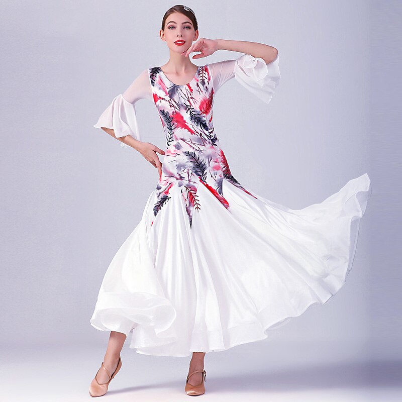 白モダンダンスドレスセクシーな社交ダンス衣装スタンダードダンスドレスワルツドレスのパフォーマンスの衣類